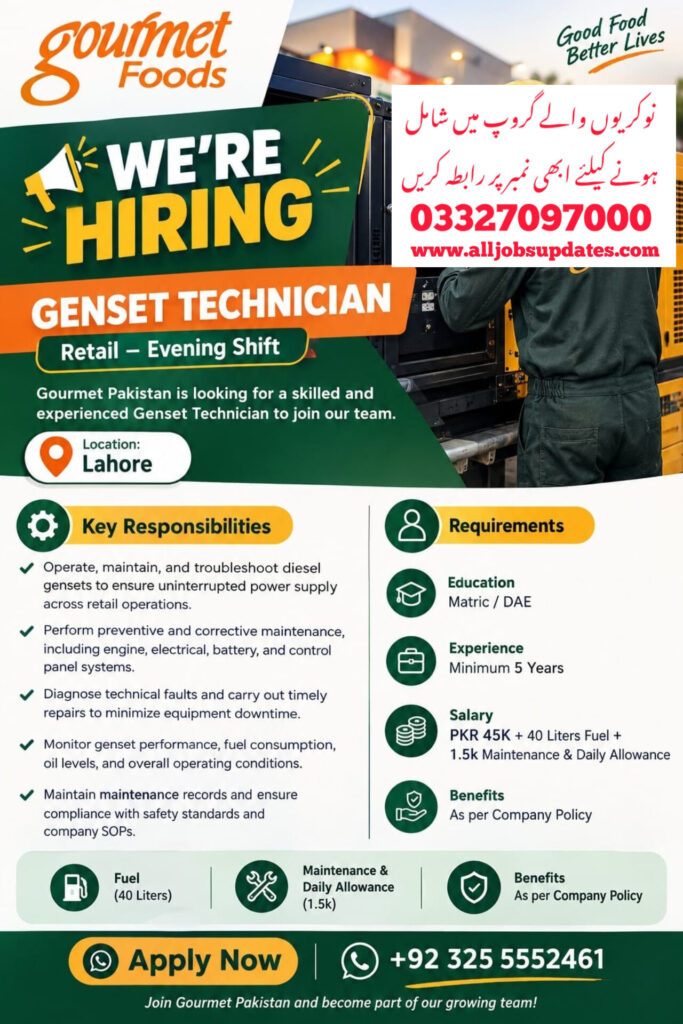 *1. Genset Technician – Retail – Evening Shift* Job 2026 In LAHORE
