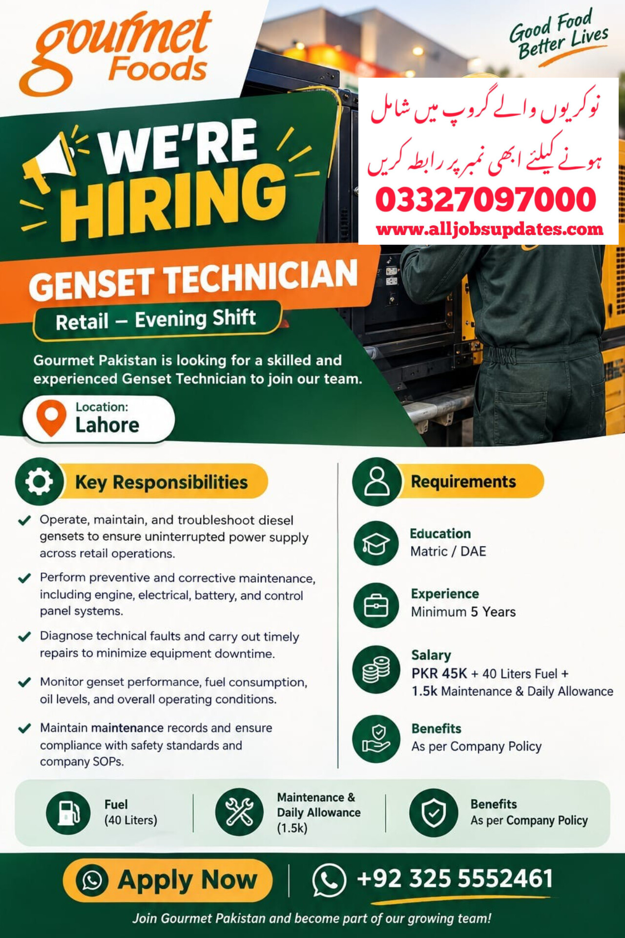 *1. Genset Technician – Retail – Evening Shift* Job 2026 In LAHORE
